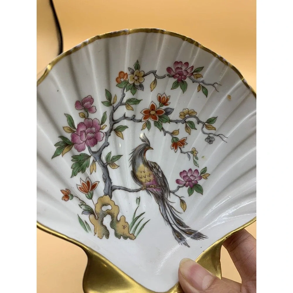 Vintage Limoges France Clam Shell-Shaped Dish with Birds and Flowers Gold Trim